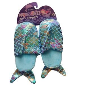 NWT blue mermaid girls slip on slippers size large 4-5